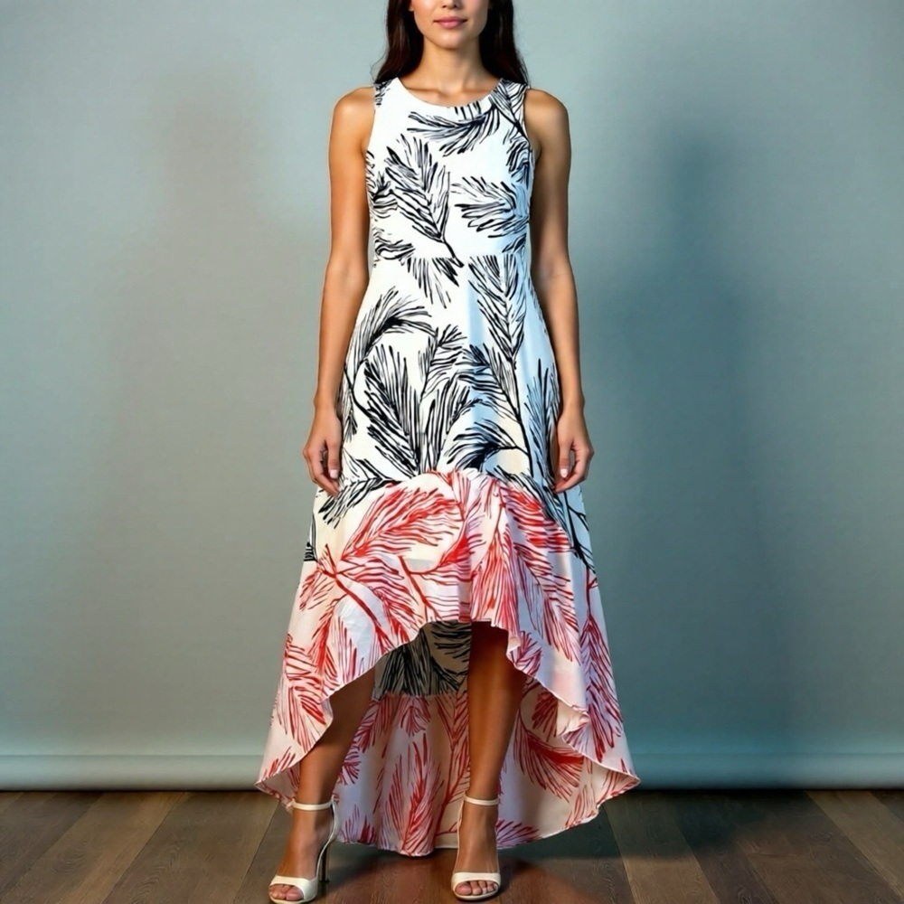 Vince Camuto High Low Tropical Dress Size 4 Sleeveless Keyhole Back Summer Flowy